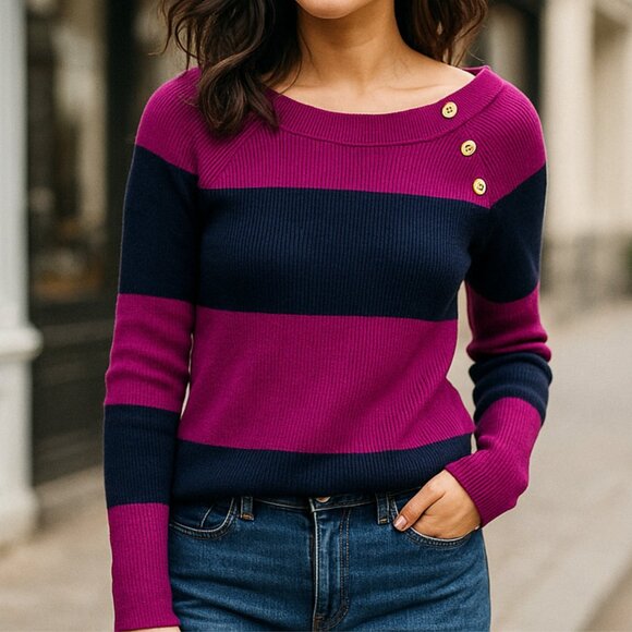 Ralph Lauren Women's Sweater Size S Preppy Striped Knit Top Purple Navy Classic - Picture 2 of 11